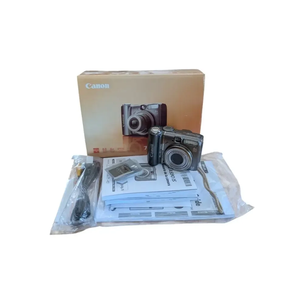Canon PowerShot A590 IS Gray 8MP Digital Camera Box Card Tested Works PC1263